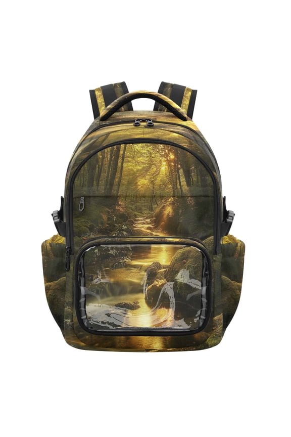 PVC Casual Backpack 25L Daypack with Laptop Compartment Lightweight Travel Backpack for Work Outdoor Activities Forest Stream with Moss-covered