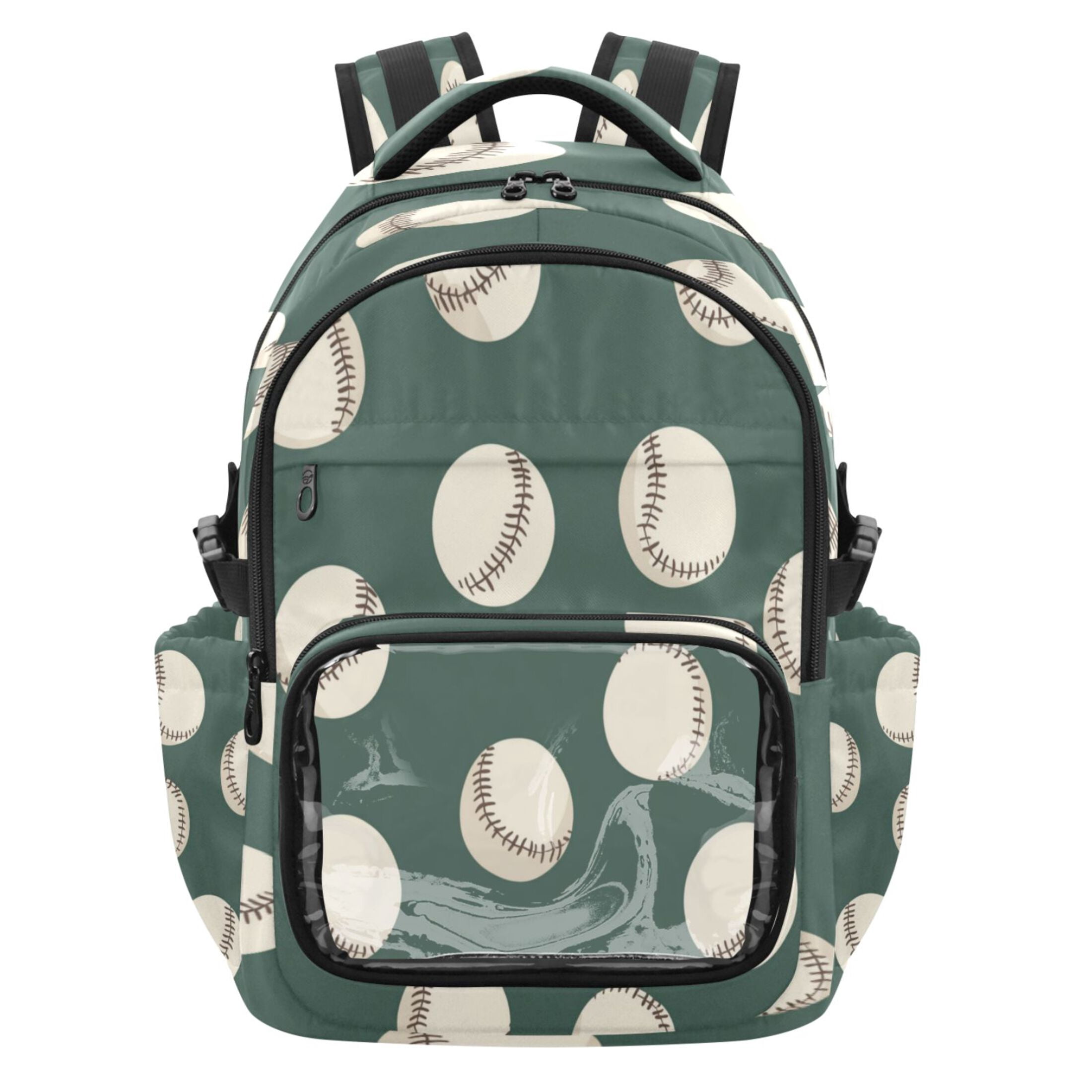 PVC Casual Backpack 25L Daypack with Laptop Compartment Lightweight Travel Backpack for Work Outdoor Activities Green Baseball Pattern