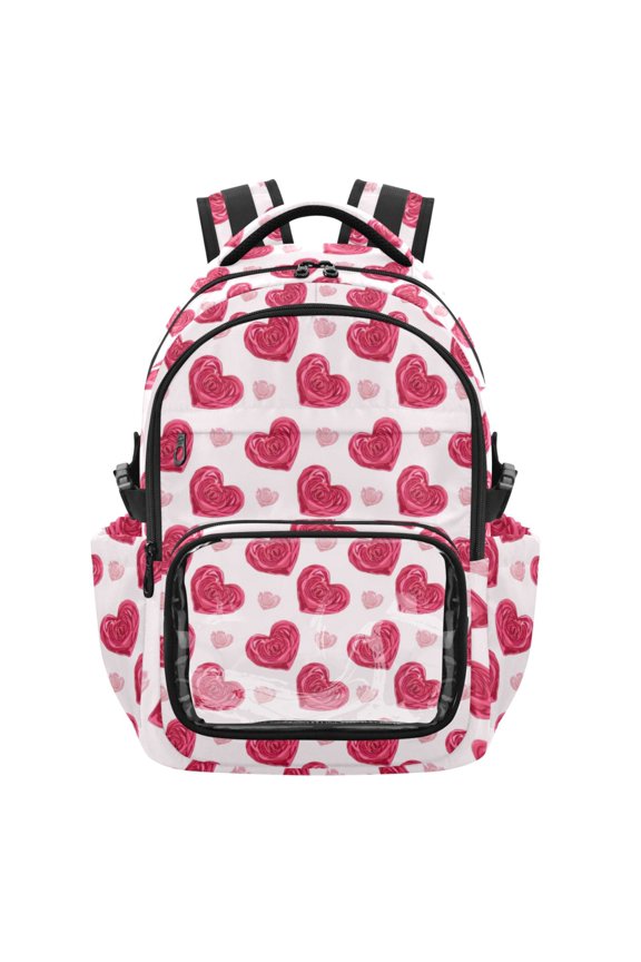 PVC Casual Backpack 25L Daypack with Laptop Compartment Lightweight Travel Backpack for Work Outdoor Activities Heart-shaped Rose Pattern