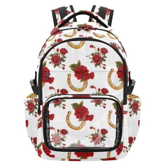 PVC Casual Backpack 25L Daypack with Laptop Compartment Lightweight Travel Backpack for Work Outdoor Activities Horseshoe Pattern with Red Roses