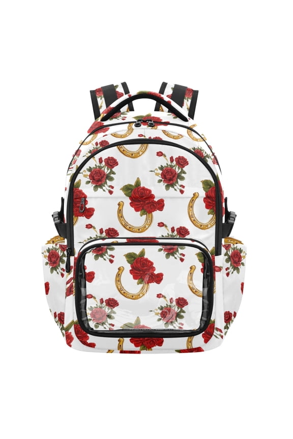 PVC Casual Backpack 25L Daypack with Laptop Compartment Lightweight Travel Backpack for Work Outdoor Activities Horseshoe Pattern with Red Roses