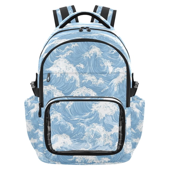 PVC Casual Backpack 25L Daypack with Laptop Compartment Lightweight Travel Backpack for Work Outdoor Activities Light Blue Waves Pattern