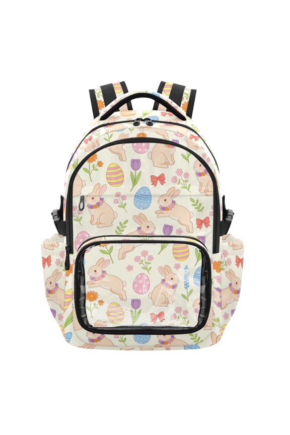 PVC Casual Backpack 25L Daypack with Laptop Compartment Lightweight Travel Backpack for Work Outdoor Activities Light Peach Rabbit Pattern