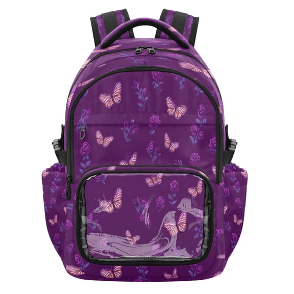 PVC Casual Backpack 25L Daypack with Laptop Compartment Lightweight Travel Backpack for Work Outdoor Activities Little Butterfly and Rose