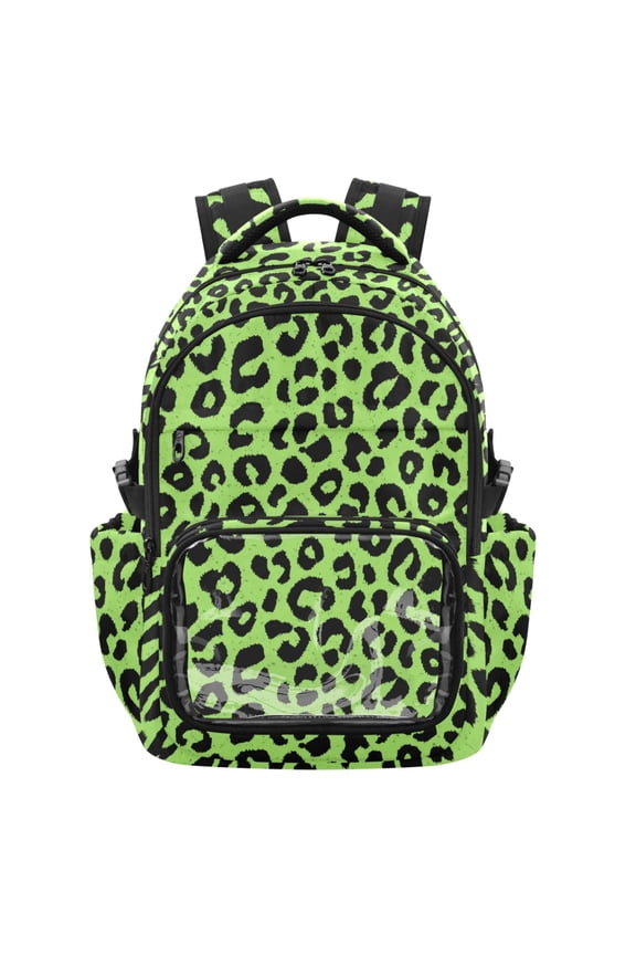 PVC Casual Backpack 25L Daypack with Laptop Compartment Lightweight Travel Backpack for Work Outdoor Activities Neon Green Leopard Print