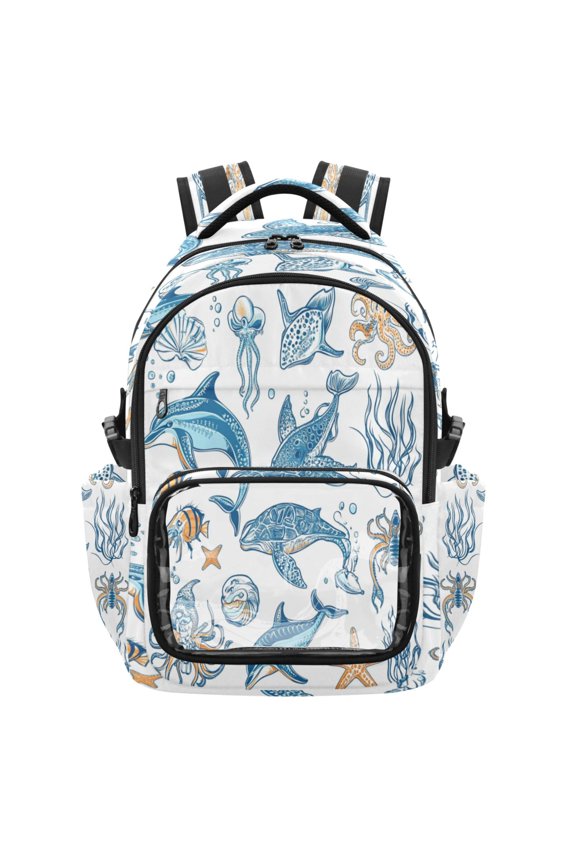 PVC Casual Backpack 25L Daypack with Laptop Compartment Lightweight Travel Backpack for Work Outdoor Activities Ocean-themed Pattern