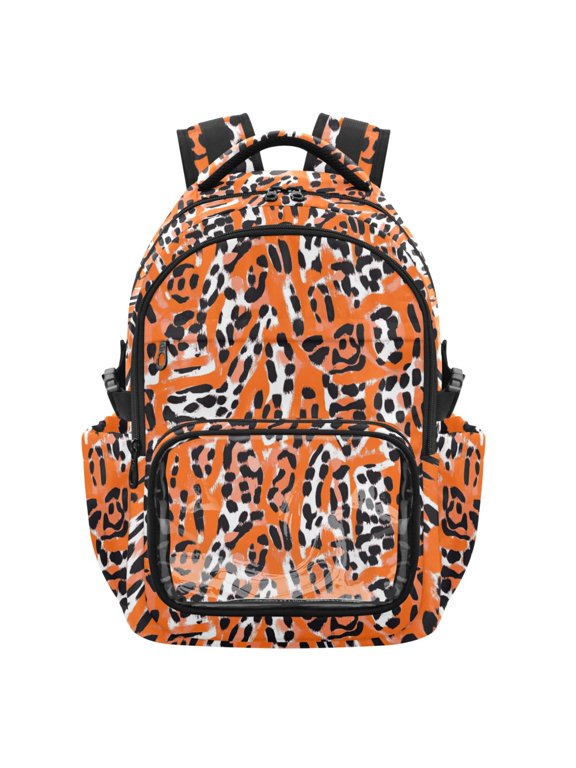 PVC Casual Backpack 25L Daypack with Laptop Compartment Lightweight Travel Backpack for Work Outdoor Activities Orange Leopard Print