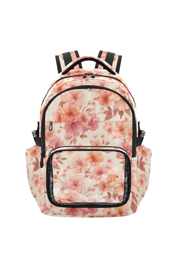 PVC Casual Backpack 25L Daypack with Laptop Compartment Lightweight Travel Backpack for Work Outdoor Activities Peach Floral Elements