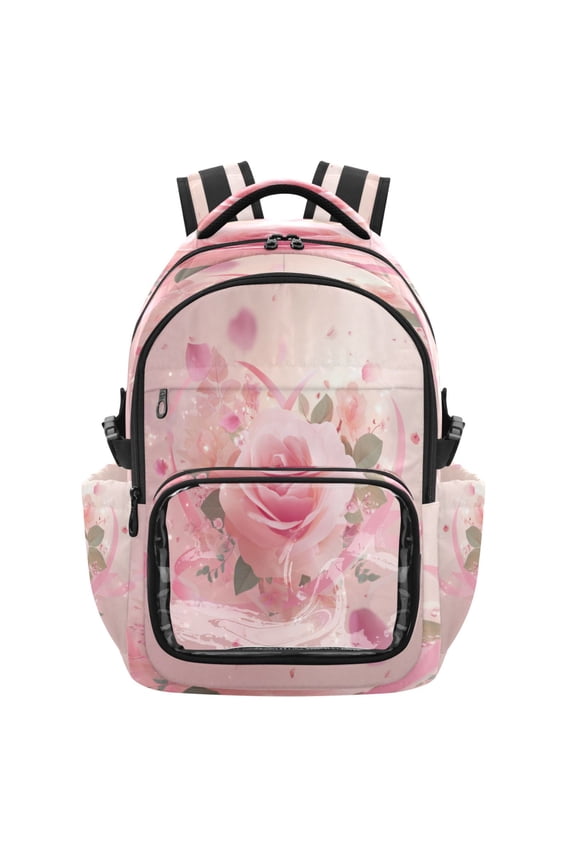 PVC Casual Backpack 25L Daypack with Laptop Compartment Lightweight Travel Backpack for Work Outdoor Activities Pink Rose Pattern