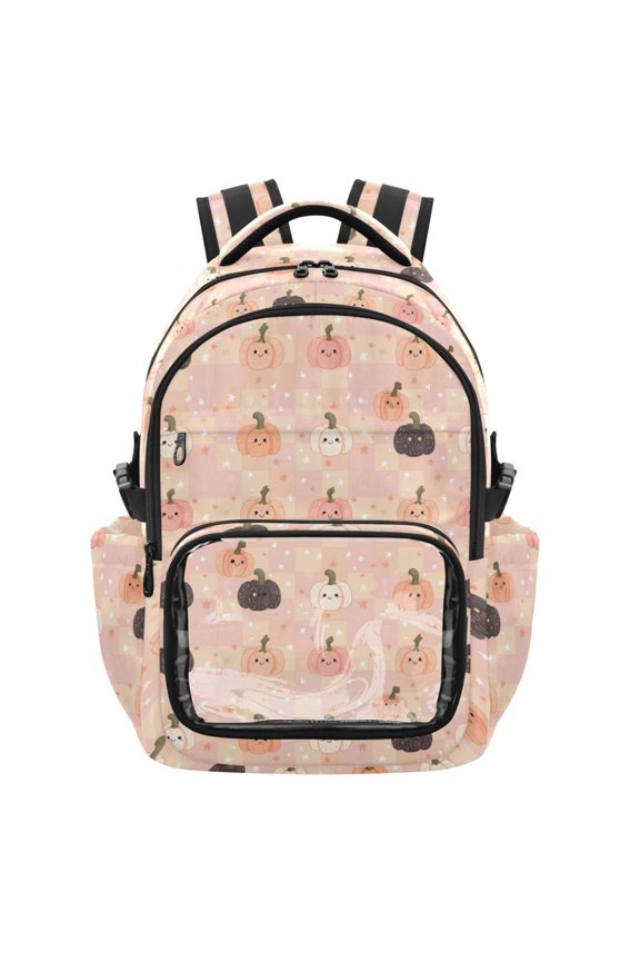 PVC Casual Backpack 25L Daypack with Laptop Compartment Lightweight Travel Backpack for Work Outdoor Activities Pink and Peach Halloween Pattern