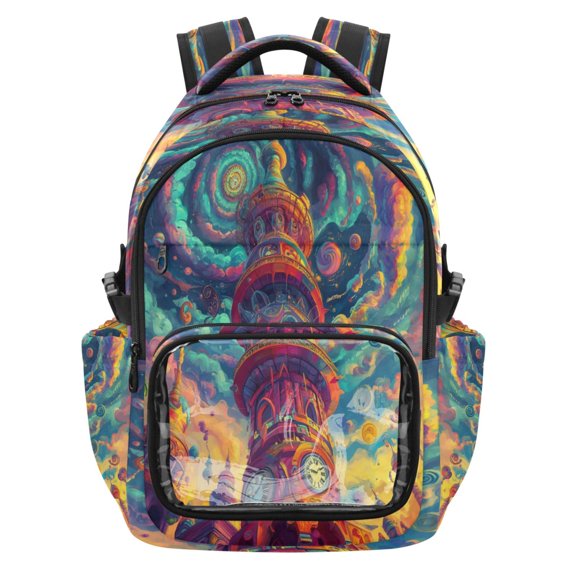 PVC Casual Backpack 25L Daypack with Laptop Compartment Lightweight Travel Backpack for Work Outdoor Activities Psychedelic Tower