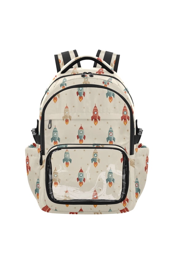 PVC Casual Backpack 25L Daypack with Laptop Compartment Lightweight Travel Backpack for Work Outdoor Activities Rocket with Flames Pattern