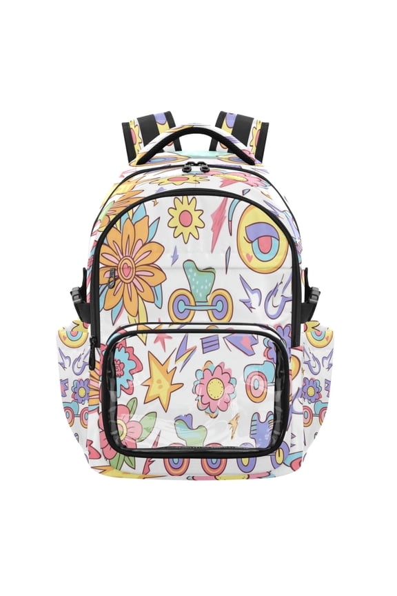 PVC Casual Backpack 25L Daypack with Laptop Compartment Lightweight Travel Backpack for Work Outdoor Activities Roller Skates and Flowers