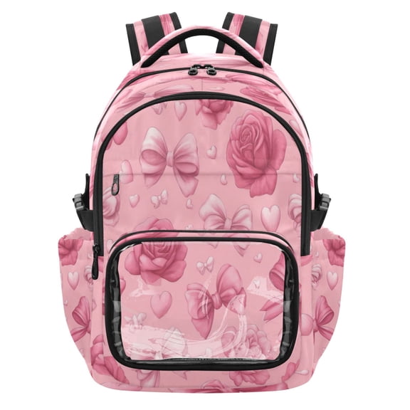 PVC Casual Backpack 25L Daypack with Laptop Compartment Lightweight Travel Backpack for Work Outdoor Activities Roses and Bows Patte
