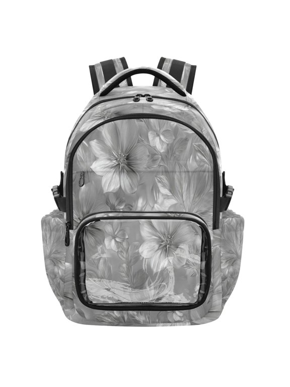 PVC Casual Backpack 25L Daypack with Laptop Compartment Lightweight Travel Backpack for Work Outdoor Activities Silver Metal Flower Pattern