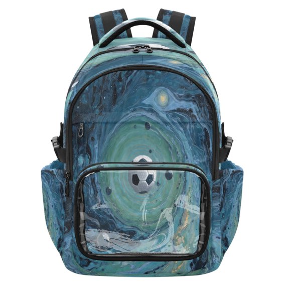 PVC Casual Backpack 25L Daypack with Laptop Compartment Lightweight Travel Backpack for Work Outdoor Activities Soccer Ball Floating in Space