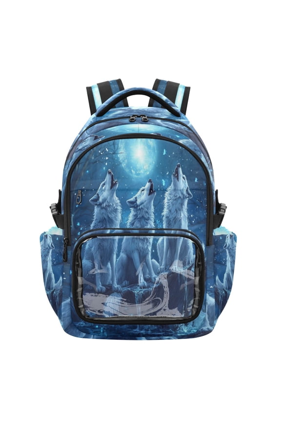 PVC Casual Backpack 25L Daypack with Laptop Compartment Lightweight Travel Backpack for Work Outdoor Activities Three Blue Wolves