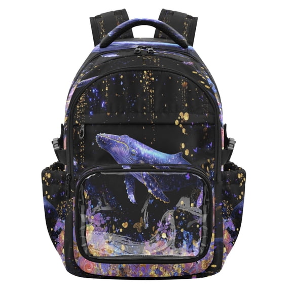PVC Casual Backpack 25L Daypack with Laptop Compartment Lightweight Travel Backpack for Work Outdoor Activities Whale and Rose Pattern