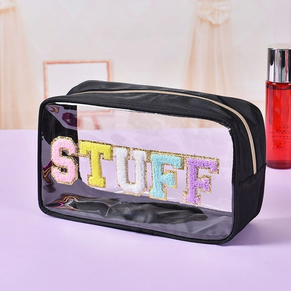 PVC Clear Chenille Cosmetic Bags Stuff Letter Makeup Bag with Zipper Waterproof Travel Toiletry Storage Bag for Women