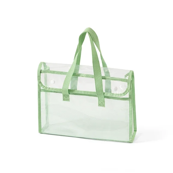 PVC Clear File Bag, Waterproof Large Capacity Tote for School College, Transparent Document Organizer with Handles, Green