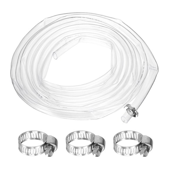 Clear Vinyl Tubing, 0.55" ID. 0.67" OD. 16.4 ft Length Tube, Drain Hose with Clamps, Transparent