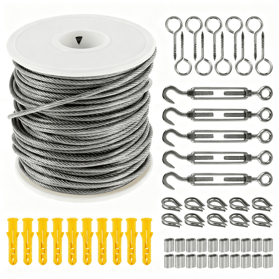 Tcwhniev PVC Coated 304 Stainless Steel Cable Rope Heavy Duty Turnbuckle Wire Tensioner Kit for Cable Railing, Garden Wire And Light Job(98ft)