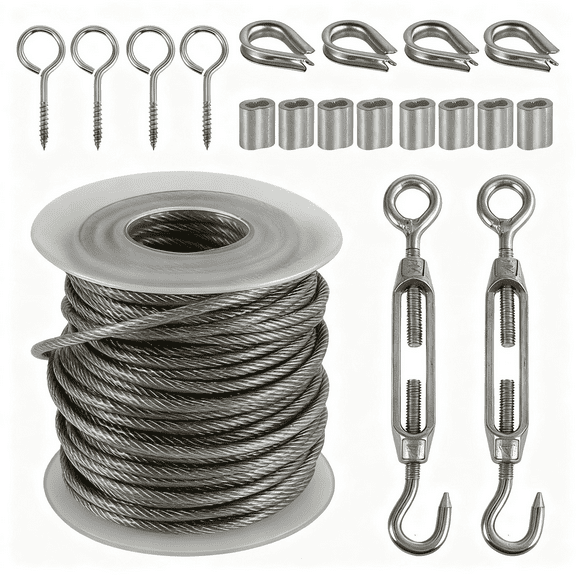 Tcwhniev PVC Coated 304 Stainless Steel Cable Rope Heavy Duty Turnbuckle Wire Tensioner Kit for Cable Railing, Garden Wire And Light Job（49ft）