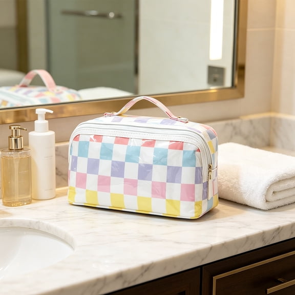 PVC Cosmetic Bag,Large Capacity Makeup Organizer,Waterproof Transparent Storage Bag,Portable Toiletry Travel Case,Lightweight Carry Handle Cosmetic Pouch,Multifunction Accessory Organizer