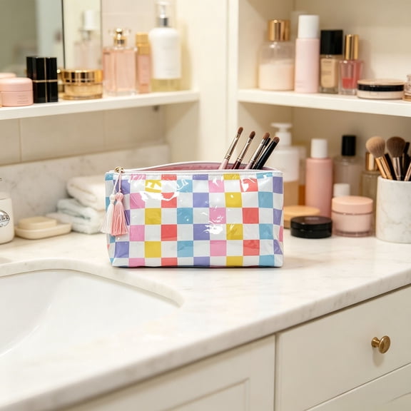 PVC Cosmetic Bag, Waterproof Makeup Pouch with Tassel Zipper, Large Capacity Toiletry Organizer for Travel, Makeup Storage Case for Cosmetics Skincare Products, Jewelry and Accessories