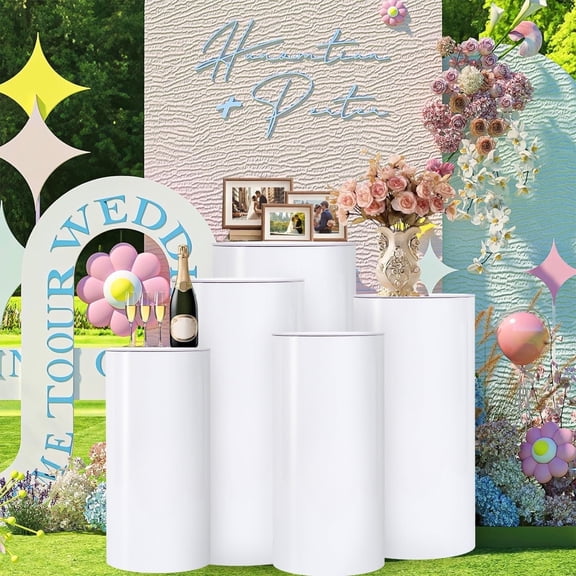 5Pcs Cylinder Pedestal Stand for Party, White PVC Pedestal Stand for Wedding Party Event Decor Cylinder Pillars Stands Table for Flower Cake Dessert Display