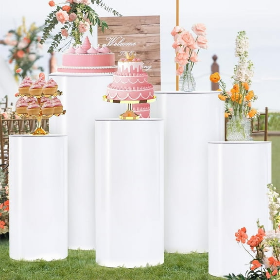 PVC Cylinder Pedestal Stands for Party 5Pcs White Round Pedestal Stand for Parties Cake Stand Dessert Table for Wedding Birthday Event Baby Show Decor cilindros para fiestas redondos blancos