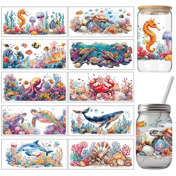 PVC DIY Heat Transfer Paper for UV Sublimation Cup Marine Animal 110x240mm 10 style 1pc/style 10pcs/set for DIY