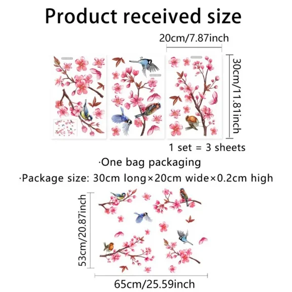 PVC Decorative Flower Birds Sticker Static Window Decor Vinyl Art Spring Flowers Glass Wall Decal for Home Bathroom Decoration