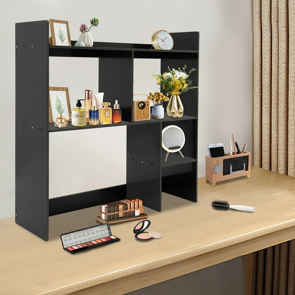 PVC Desktop Shelf With 5 Compartments Of Different Sizes, Black Desktop Bookshelf, Desktop 3-Tier Display Rack