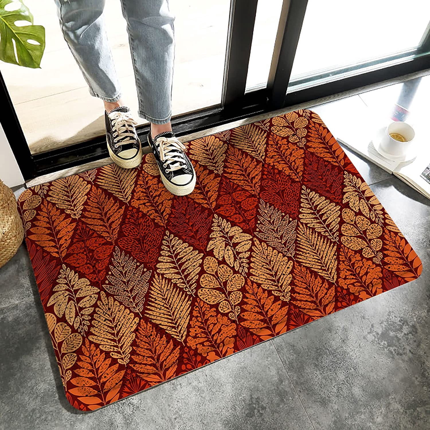Doormat Entrance Rugs Welcome Mats, Orange Red Botanical Outdoor Indoor ...