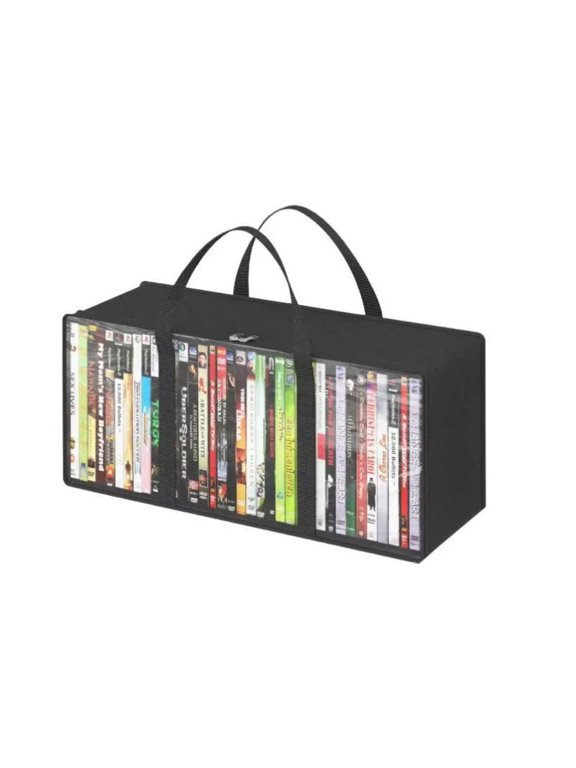 PVC Dustproof Storage Bag Organizer with Handles for CDs Books Hats Clothes and Travel, See-Through and Folds Flat, Black, 1 Pack