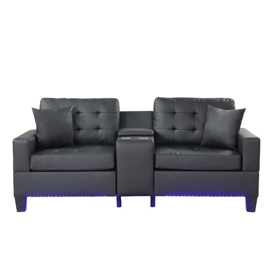 PVC Fabric Upholstered Sofa with LED Lights and Storage Console, Black