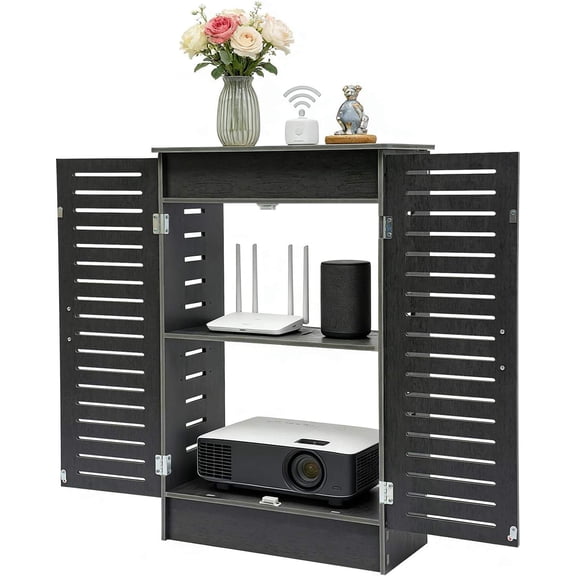 PVC Floor Standing Router Storage Cabinet with Power Strip & Cable Management, Dual-Tier Ventilated Organizer for Home or Office (Grey)