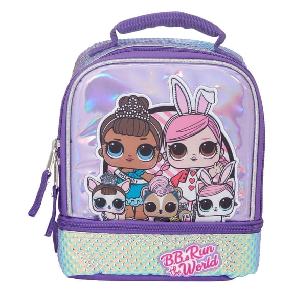L.O.L. Surprise PVC Free Insulated Zippered Glitter 3D Reflective Print Dual Compartment Lunch Bag - B.Bs Run the World by L.O.L