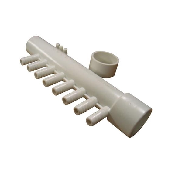 PVC Gentekk Manifold for Ribbed Barb Ports with 2 Plugs - 1 in. Slip x 1 in. Spigot x 4.375 in.