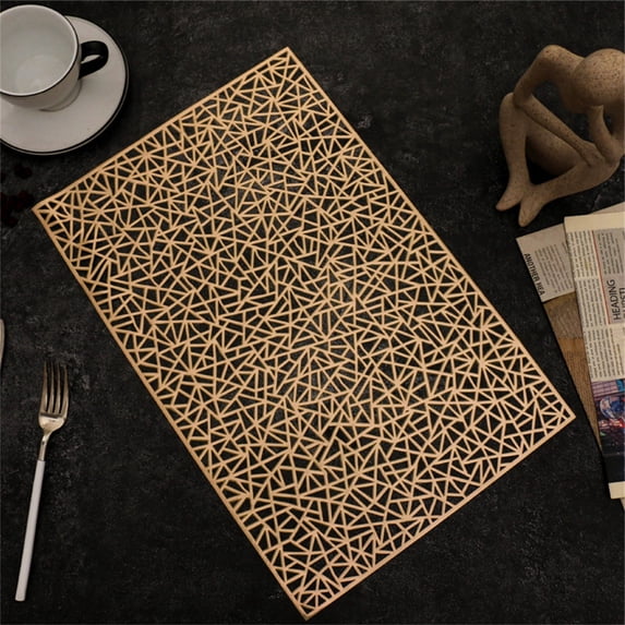 PVC Geometric Hot Gold Lace Placemat for Table Decoration, Heat Resistant Dining Mat for Plates and Cups, 12x18 Inch, 1 Mat