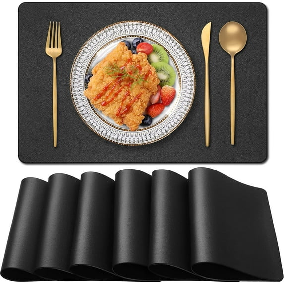 PVC Heat Resistant Placemats Set of 6, Waterproof Wipeable Floor Place Mats, Non-Slip Easy Clean Table Mats for Kitchen Table Decor, 12x18 Inch (Black)