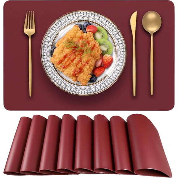 PVC Heat Resistant Placemats Set of 8, Waterproof Wipeable Floor Place Mats, Non-Slip Easy Clean Table Mats for Kitchen Table Decor, 12x18 Inch (Burgundy)