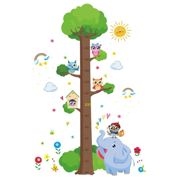 PVC Height Growth Chart Wall Sticker Elephant Animal with 40 to 160 cm Measurement for Room Bedroom Wallpaper Decoration Green
