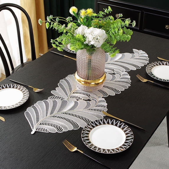 PVC Hollow Floral Table Runner, European Style, Waterproof, Non-Slip, Heat Insulated, Long Table Mat for Dining, Rose Silver, 36.6 x 12.6 in
