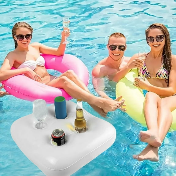PVC Inflatable Pool Cup Holder, 4-Hole Floating Drink Caddy for Beverages, 18.1x18.1 Inch Large Portable Water Tray for Swimming Pool, Beach, Spa and Party