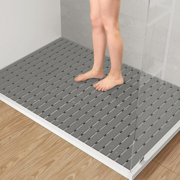PVC Large Shower Mat, 35.4 × 24 Inch Non Suction Cup Non Slip Shower Floor Mat, Easy to Cut & Curlable Stand Up Shower Stall Mat, Heavy Duty Bath Shower Mats for Inside Shower