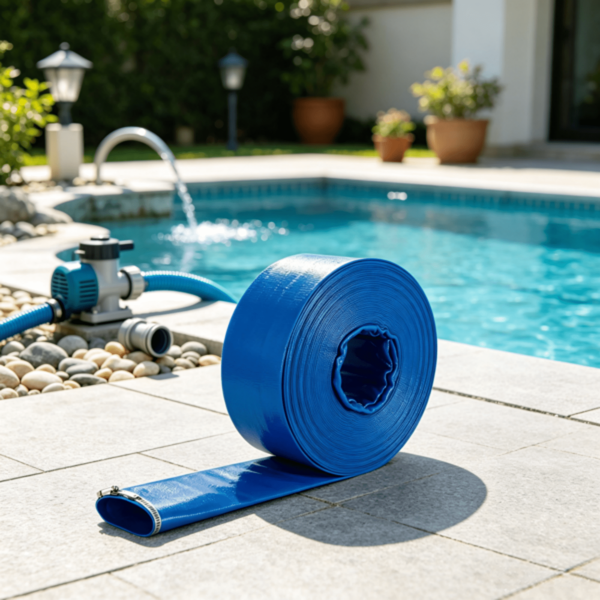 PVC Lay Flat Discharge Hose 2" x 105', Weather & Burst Resistant, Blue, for Pool & Water Transfer