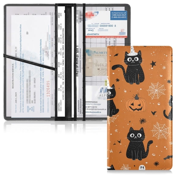 PVC Leather Car Document Holder Organizer Driver License Cover Holder for Car Driving Documents 9.45x10.24in Black Cat on Orange Background