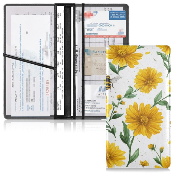 PVC Leather Car Document Holder Organizer Driver License Cover Holder for Car Driving Documents 9.45x10.24in Daisies and Bees Pattern